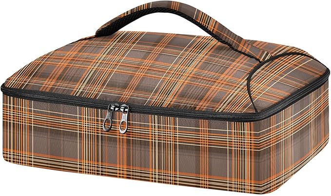 Casserole Carrier Orange and Brown Tartan Pattern Print Insulated Casserole Carrier for Hot or Cold Food Thermal Lunch Tote for Parties Picnic Travel Carry Bag