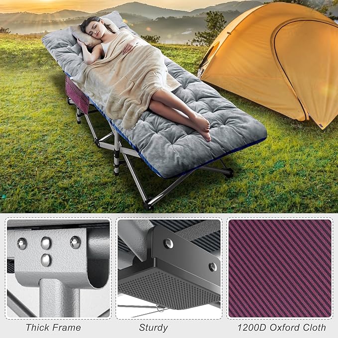 ABORON Folding Camping Cot W/Mat for Adults Heavy Duty Outdoor Bed with Carry Bag1200 D Layer Oxford Travel Camp Cots