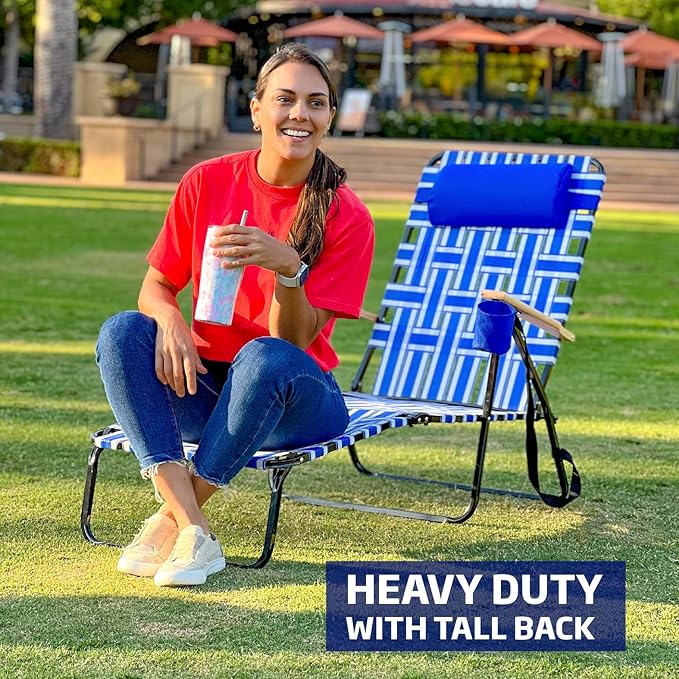 Webbing Patio Lounger Steel Chaise Lawn Chair Foldable Outdoor Great for Patio Camping Backyard Pool Wood Handles 1 Pack Blue