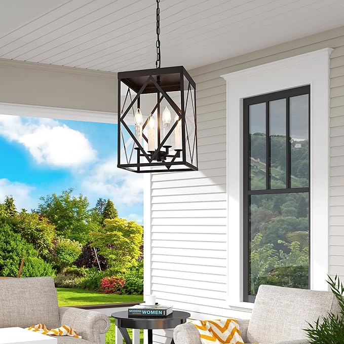 Exterior Hanging Lantern Porch Pendant Lights with Clear Glass Oil Rubbed Brozne Outdoor Pendant Light Adjustable Outside Chandelier Ceiling Mount or Front Porch Entrance Patio Foyer 4 Light