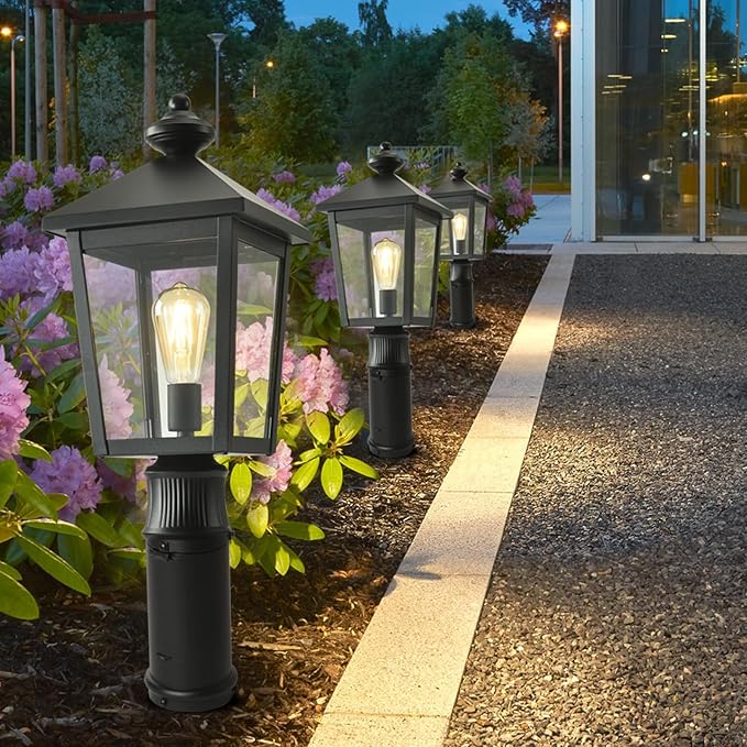 Outdoor Post Light with GFCI Outlet Dusk to Dawn Aluminum Pole Lantern with Built-In Weatherproof Socket IP65 Waterproof Post Light Fixture with Clear Glass Shade Black for Yard Pathway Garden