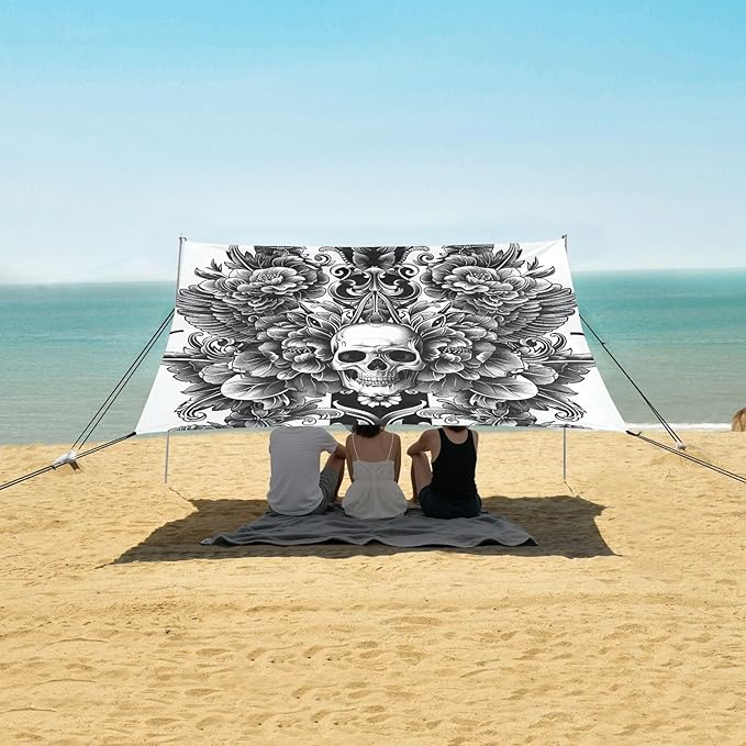 Tattoo Design Beach Tent Sun Shelter 9.2' x 10.5' Beach Canopy with 4 Sandbags 4 Stability Poles Sand Shovels - Tent Canopy for Beach Camping Fishing Picnics