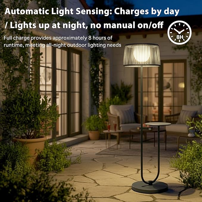 EcoGreen U-Shaped Solar Outdoor tanding Lamp with Table – 21×14×55 Inch Modern Outdoor Light Solar Powered 8H Warm Glow Waterproof for Porch Garden Balcony(Gray Single Pack)