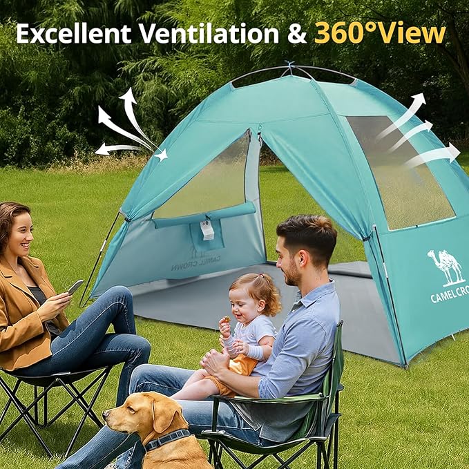 CAMEL CROWN Beach Tent UPF 50+ Sun Shelter for 2/3/5/6 Person Lightweight Portable Sun Shade with Sand Anchor Family Beach Day &amp Outdoor Adventures
