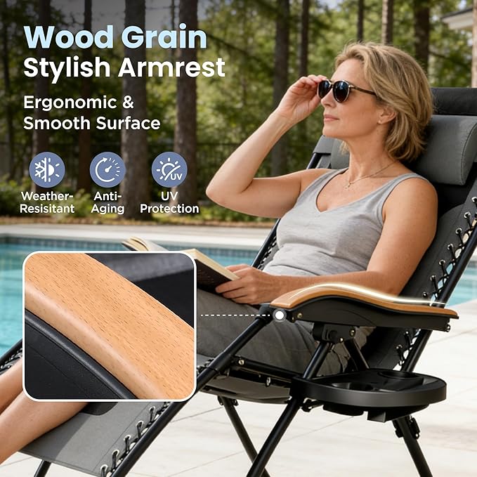 PHI VILLA XXL Oversized Padded Zero Gravity Chair Set of 2 Foldable Patio Recliner 30 Wide Seat Anti Gravity Lounger with Armrest and Cup Holder Support 400 LBS (Grey)