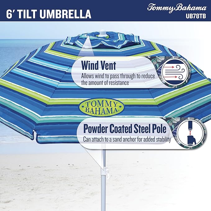 Tommy Bahama 6' UPF 50+ Tilt Beach Umbrella with Integrated Sand Anchor Wind Vent and Carry Bag