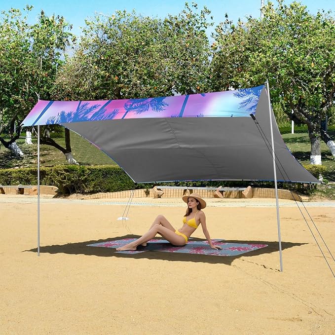Beach Tent Sun Shelter Cool Blue Coconut Tree Lightweight &amp Easy Setup Beach Shade Canopy for Camping Fishing