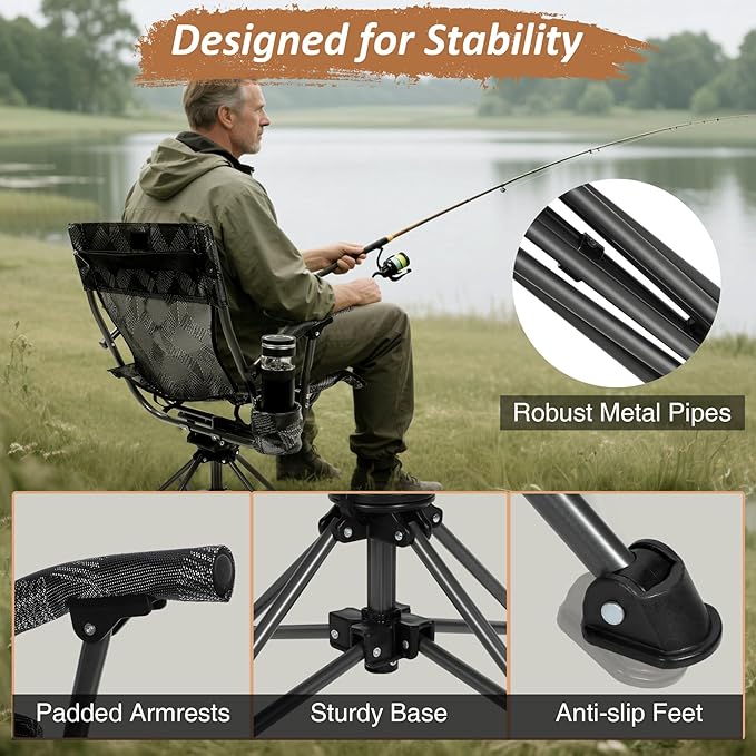 REDCAMP 360° Swivel Hunting Chairs for Ground Blinds Portable Folding Camping Chairs for Adults Hunting Seats with Hard Arms for Fishing Camping Black