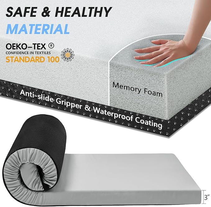 CYMULA Memory Foam Camping Mattress Pad3inch Sleeping Pad for CampingNon-Slip Bottom Floor Cot Car Mattress Bed with Retaining Portable Roll up Mattress Pad Mat for Travel Truck Guest Bed Tent