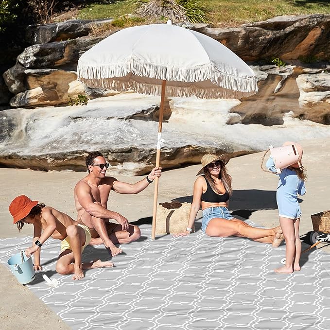Waterproof Sandproof Beach Blanket 78×86 Large Beach Mat for 1-4 Adults Foldable Lightweight Polyester Outdoor Picnic Blanket with 4 Stakes &amp 4 Corner Pockets for Travel Camping Hiking