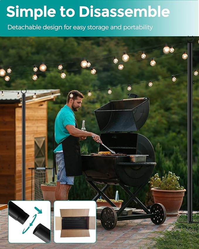 LAND·VOI 2 Pack String Light Poles 9FT Heavy Duty Metal Light Poles for Outside String Lights Outdoor Light Poles with 5 Prong Fork Lighting Stand for Patio Backyard Garden Deck Black FLP12B