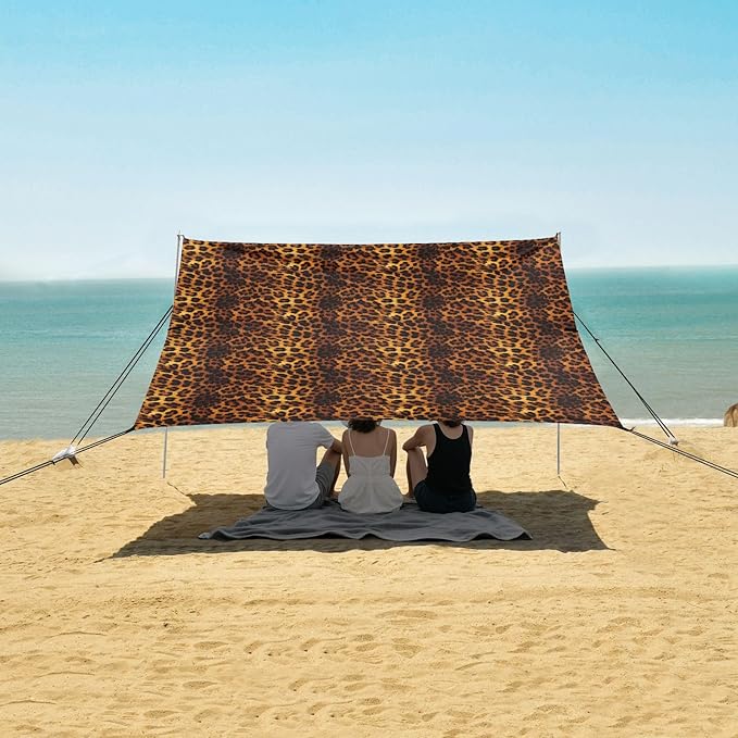 ALAZA Brown Leopard Cheetah Print Beach Tent Sun Shelter UPF50+ Protection Beach Shade Canopy w/ 4 Sandbags for Outdoor Camping Fishing Backyard Fun Picnic 10x9 ft