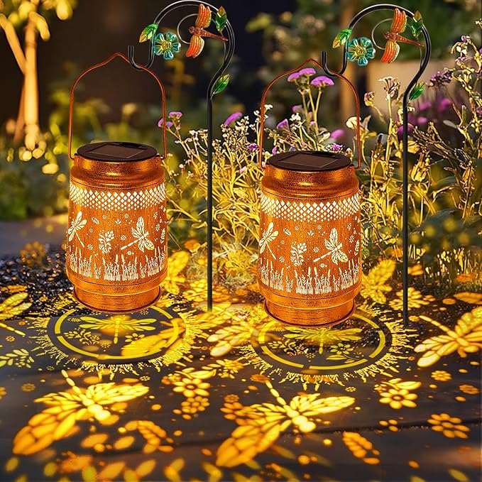 2 Pack Solar Lanterns Outdoor Waterproof Dragonfly Garden Decor Gifts for Women Mom Grandma Birthday Hanging Solar Lights Metal LED Decoration with Shepherd Hook Outside for Yard Patio Lawn Porch