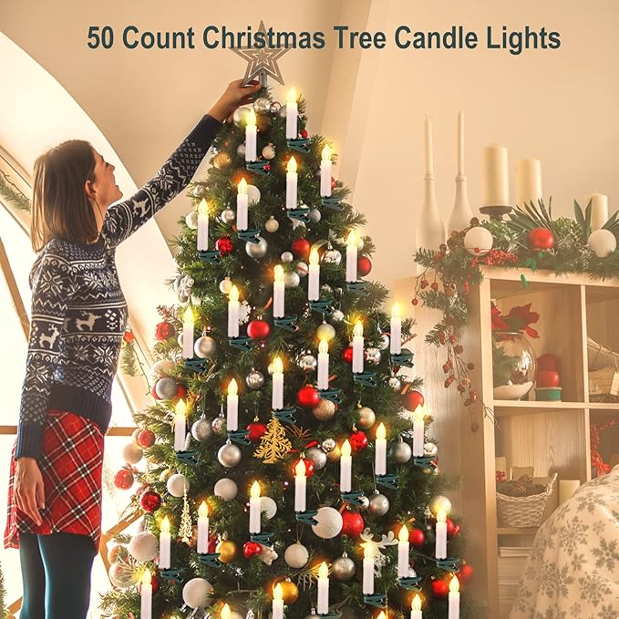 Minetom Christmas Candle String Lights 48FT 50 LED Candle Lights for Indoor Outdoor Connectable Flameless Candle Lights with Clips for Xmas Tree Holiday Seasonal Celebration Decoration Warm White