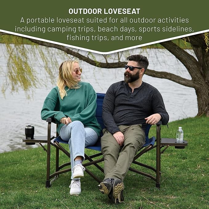 Timber Ridge Double Camping Chair Foldable Loveseat Directors Chairs Oversized Double Folding Camping Chairs with 2 Side Tables 2 Person Lawn Chair Heavy Duty Support 600 LBS for Outdoor Blue