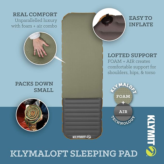 Klymit Klymaloft Lofted Inflatable Sleeping Pad for Camping With Memory Foam Ultra-Thick Hiking and Backpacking Air Bed 5 Inch Thick Regular