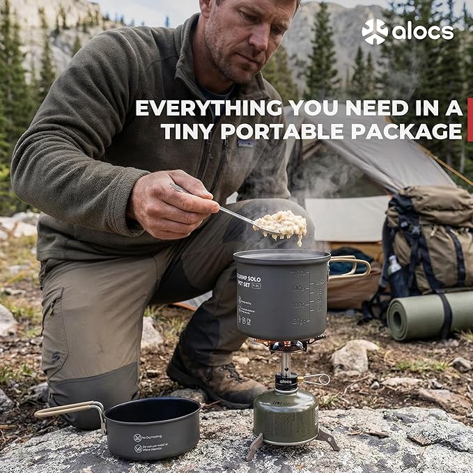 Alocs 9pcs Camping Cookware Kit Non-Stick Lightweight Camping Pots with 3200w Stove Igniter &amp Gas Canister Stand 5-in-1 Utility Spork for Hiking Solo Camping Backpacking Outdoor Cooking Pic