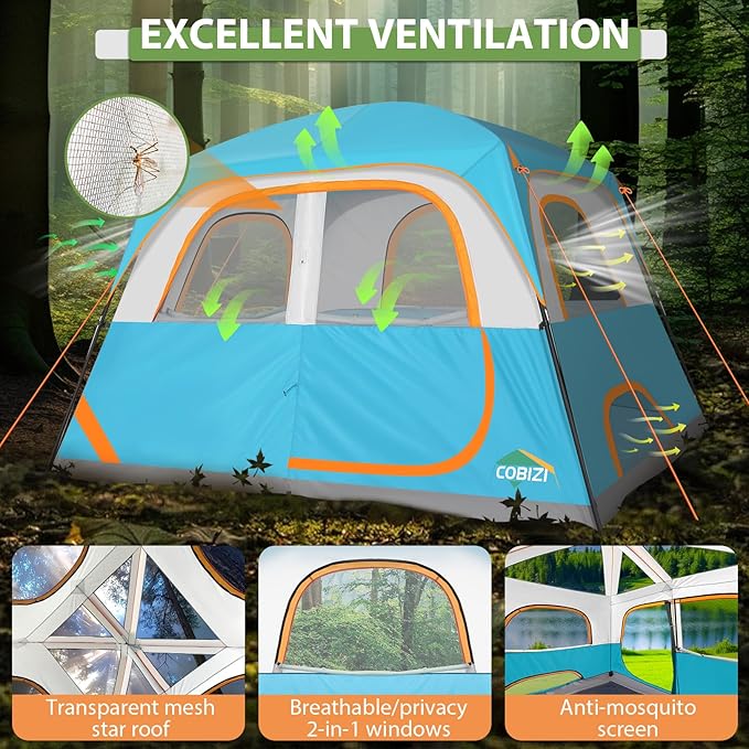 COBIZI Tents for Camping 4/6 Person Camping Tent with Rainfly and Screen Easy Setup Lightweight Portable Waterproof Outdoor Tent with Carry Bag for Backpacking Hiking Family Travel