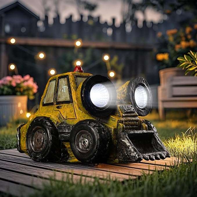 Garden Statue Outdoor Solar Truck Decor with Light Rustic Vintage Bulldozer Construction Decoration for Lawn Patio Yard Gifts for Men