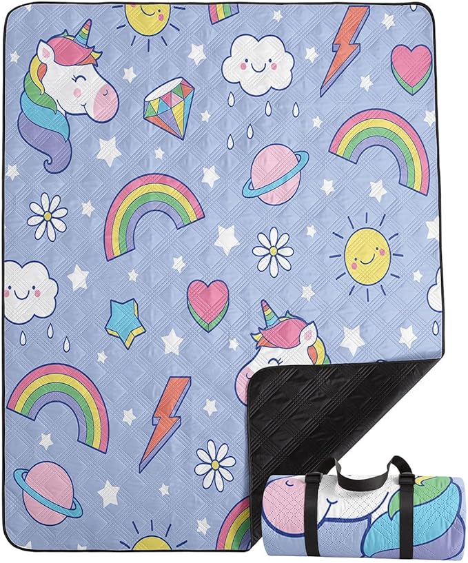 Outdoor Picnic BlanketPortable Sandproof Waterproof Picnic MatRainbow Unicorns Printed Camping Beach Mat for Sand and Wet Grass Hiking (Rainbow Unicorns L)