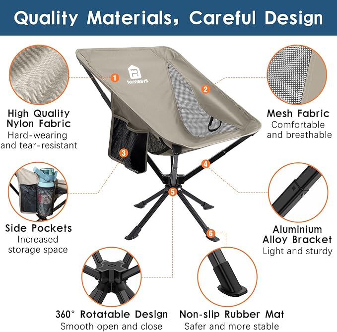 Portable Camping Chair 2 Pack 8 Seconds Quick Setup Folding Camping Chair Flexible 360° Rotation 3.8Lb Lightweight Travel Chairs for Easy Carry to Hiking Sporting Beach Khaki