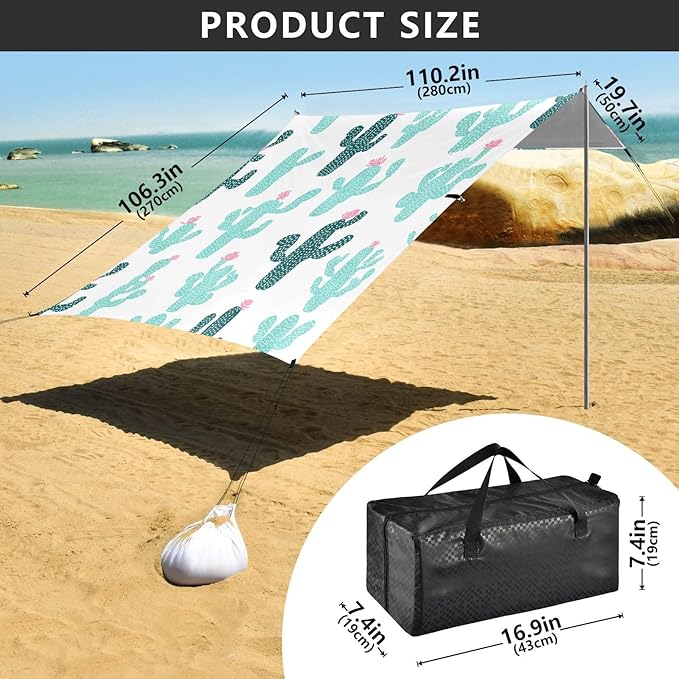 Bolaz Beach Canopy Tent Sun Shade9'×10.5' Large Family Beach Shade UPF50+- Outdoor Shade for Camping Trips FishingCute Turquoise Cactus Pattern