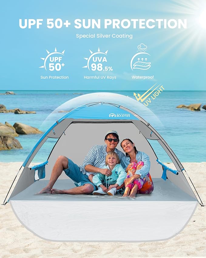 OutdoorMaster Beach Tent Sun Shelter with 2 Ventilated Doors UPF50+ Easy Setup Beach Tent Canopy for 3 Person Lightweight &amp Portable Family Beach Umbrellas for Sand with Carrying Bag - Blue