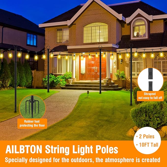 AILBTON 2 Pack 10Ft String Light PolesLight Poles for Outside String LightsOutdoor Light Poles with ForkMetal Pole Stand for PatioBackyardDeck