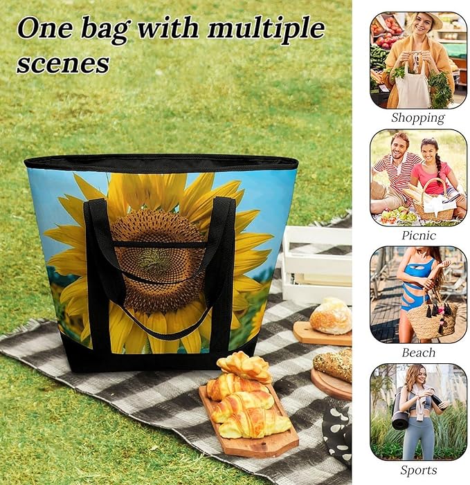 Insulated Shopping BagLarge Reusable Cooler Bags Beutiful Sunflower Printed Foldable Shopping BagTravel Waterproof Shoulder Bag