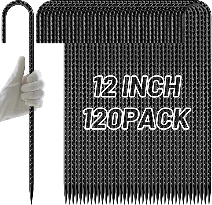 AAGUT Rebar Stakes 12 Inch 120 Pack J Hook Premium Black Coated Ground Garden Anchors Heavy Duty Superior Rust Resistance Chain Link Fence Stakes for Camping Tent Inflatables Lawn Decor