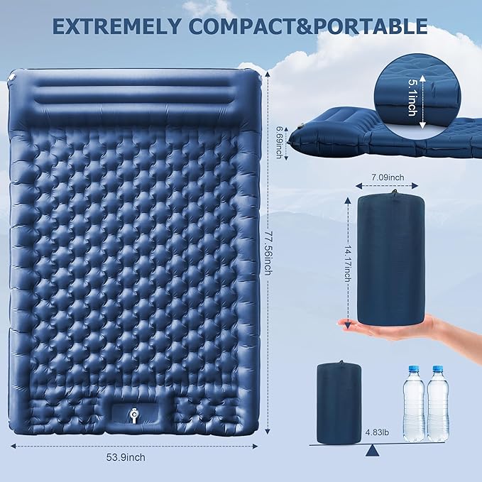 5.1 Thick Double Sleeping Pad with Foot Pump &amp Pillow 77.5x53.9 2-Person Air Mattress for Camping Ultralight &amp Compact for Backpacking Hiking Car Travel Navy Blue
