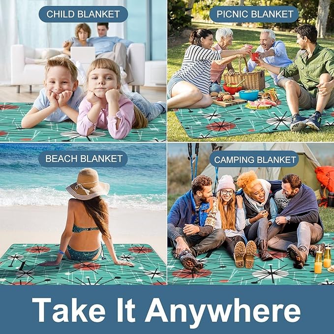 Mid Century Modern Atomic Turquoise Waterproof Outdoor Picnic Blanket Sandproof Beach Mat for Camping Hiking Grass Travelling