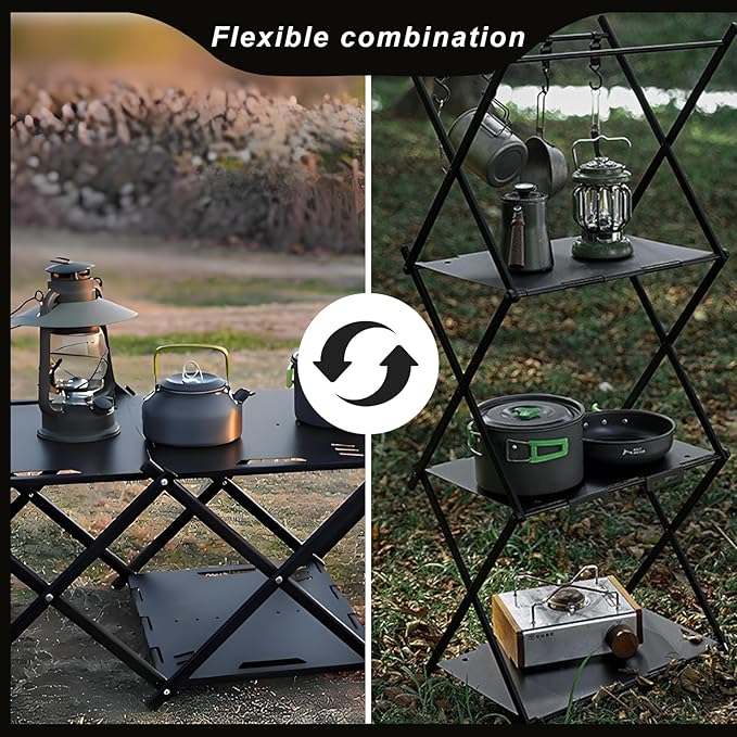 Folding Camping Table Portable Multi-Functional 4-Tier Picnic Rack Carbon Steel 37 with Storage Bag and 4 Hooks Indoor Outdoor Heavy Duty Portable for Picnic Party Camping