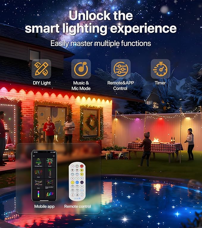 Permanent Outdoor Lights for House: 100FT RGB+IC LED Eave Light with Smart APP &amp Remote Control 72 Scene Modes IP65 Waterproof String Lights-Party Christmas Decoration(Extension Cord Not Includ