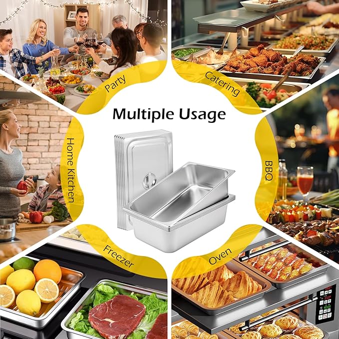 Dyna-Living 6 Pack Hotel Pans Full Size 6 Inch Deep Stainless Steel Steam Table Pan with Lids Anti Jam Stackable Commercial Food Pans for Buffet Hotel Home Restaurant Party Catering Supplies
