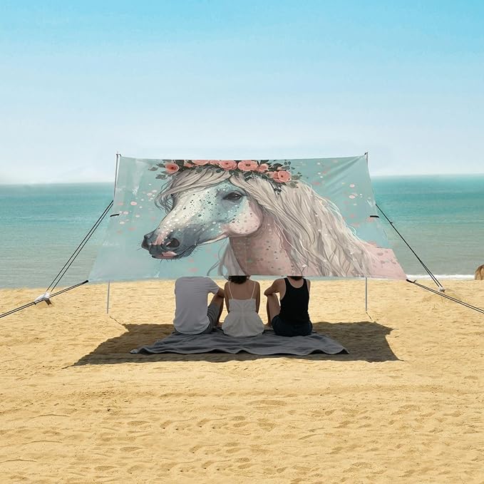 Grey Horse with Floral Beach Tent Sun Shelter 9.2' x 10.5' Beach Canopy with 4 Sandbags 4 Stability Poles Sand Shovels - Tent Canopy for Beach Camping Fishing Picnics