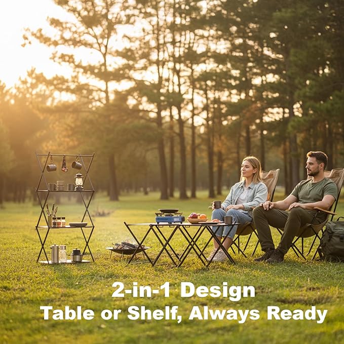 Folding Camping Table &amp Shelf 2-in-1 Portable Aluminum Picnic Table and 3-Tier Storage Rack Lightweight Low Table with Carrying Bag for Outdoor Beach Picnic BBQ and Party