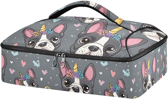 Casserole Carrier Cute Cartoon BulldogInsulated Casserole Carrier for Hot or Cold Food Thermal Lunch Tote for Potluck Parties Picnic Beach Fits 9 x 13 Inches Baking Dish