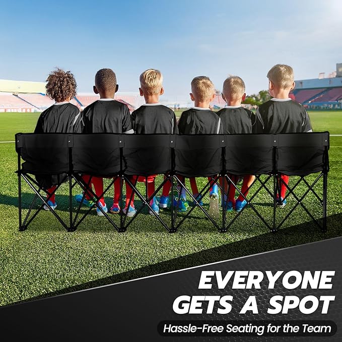 Flexzion Portable Folding Bench Seat 6 Seater Collapsible Soccer Bench Portable Bench Seats for Bleachers Camping Sideline with Back Rest and Carrying Bag Black