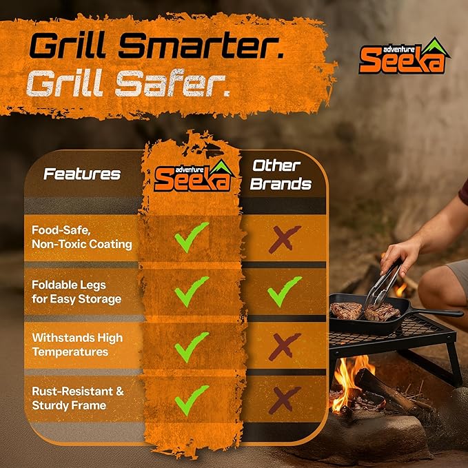 Folding Campfire Grill – Portable Over-Fire Grill with Food-Safe Coating Heavy Duty Steel Compact with Folding Legs - Camping RV Overlanding Fire Pits