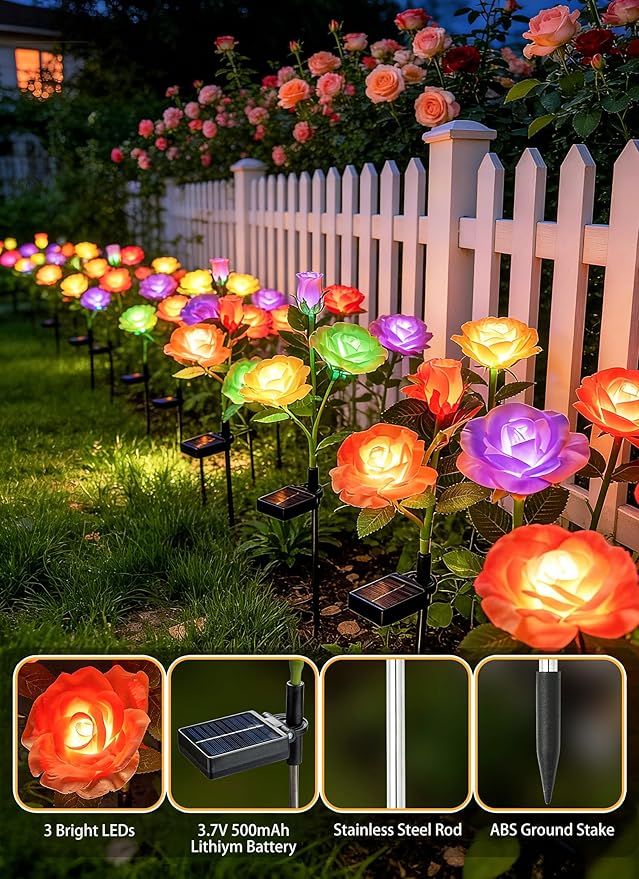 Brightown Outdoor Solar Flower Lights 4 Pack 7-Color Changing Solar Garden Lights with Larger &amp More Realistic Rose Bigger Solar Panel Waterproof Solar Lights for Yard Garden Lawn Pathway Decor