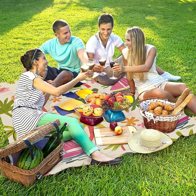 Waterproof Sandproof Beach Blanket 59''×68'' Landscape Sea Polyester Outdoor Picnic Blanket with 4 Stakes &amp Storage Bag for BeachCampingVacation Beige