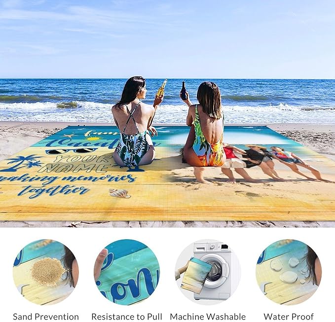 Personalized Beach Blanket Sandproof Waterproof - Outdoor Picnic Mat 78'' x 86'' for 4-6 Adults - Custom Beach Essentials with Photo for Travel Camping Hiking
