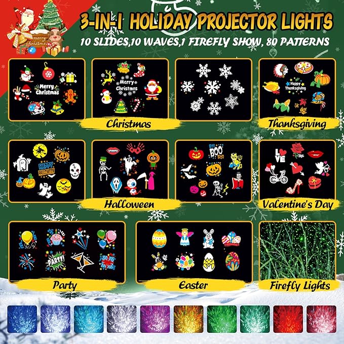 Christmas Projector Lights Outdoor with Ocean Wave &amp Firefly Light 10 Slides/80 Patterns Holiday Projection Lights Indoor with Remote &amp Timer Waterproof Light Projector Christmas Decorations