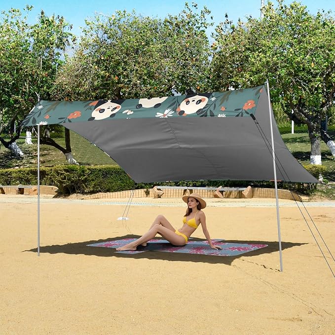 Camping Sun Shelters Panda White Pink Flowers Pattern Beach Canopy 126 * 110.2in