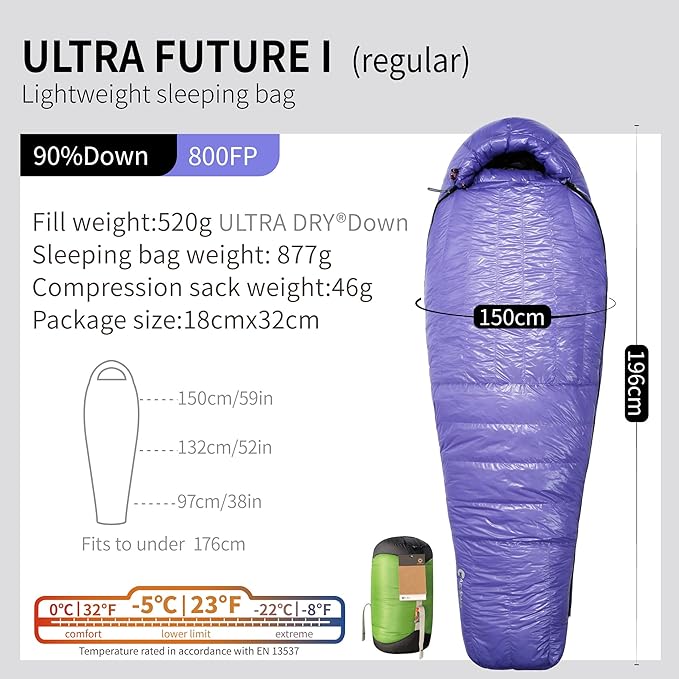 Ultra Dry Down Sleeping Bag - 10D 800FP Thicken Winter Ultralight Camping &amp Hiking Backpacking Outdoor (Future II Lengthen)