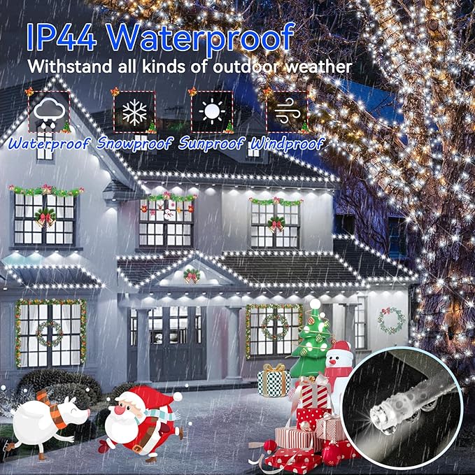 Hezbjiti 1000 LED 403 FT Christmas String Lights Outdoor 8 Lighting Modes IP44 Waterproof Fairy Lights with Timer and Dimmable Function for Home Party Tree Decorations (Cold White Clear Wire)