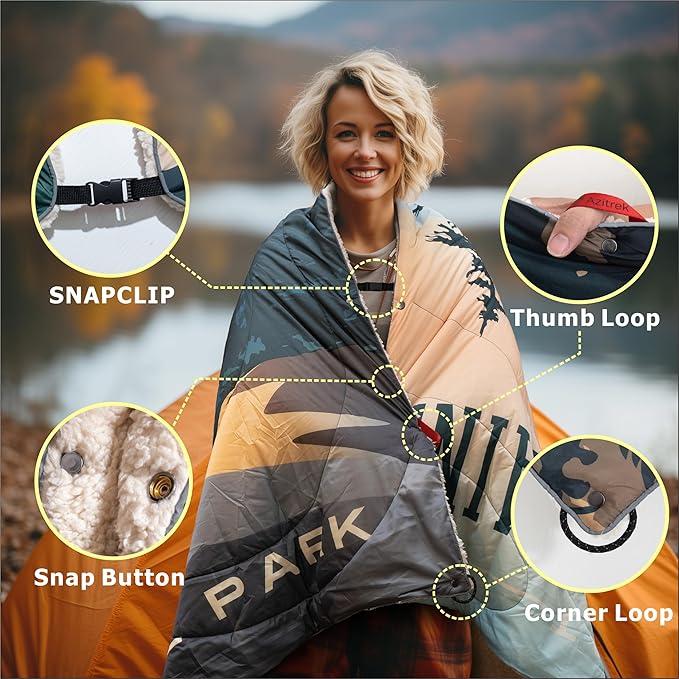 Sherpa Puffy Outdoor Camping Blanket for Traveling Picnics Beach Concert Car Stadium Sporting Events - Wearable Warm Waterproof - 55 X 78 (Great Smoky Mountains NP)
