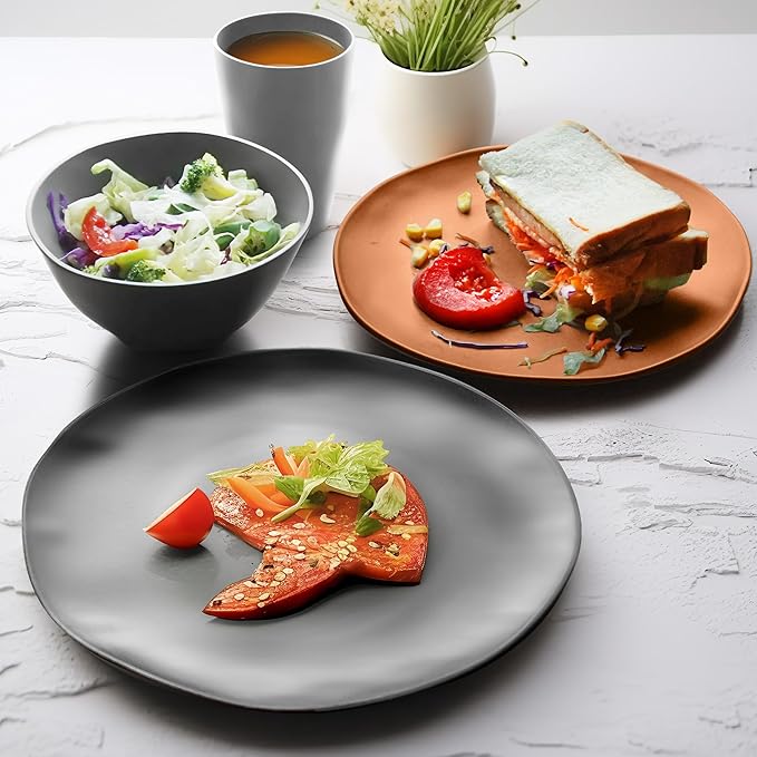 Teivio 32-Piece Kitchen Plastic Wheat Straw Dinnerware Set Service for 8 Dinner Plates Dessert Plate Cereal Bowls Cups Unbreakable Plastic Outdoor Camping Dishes Smoky Brown