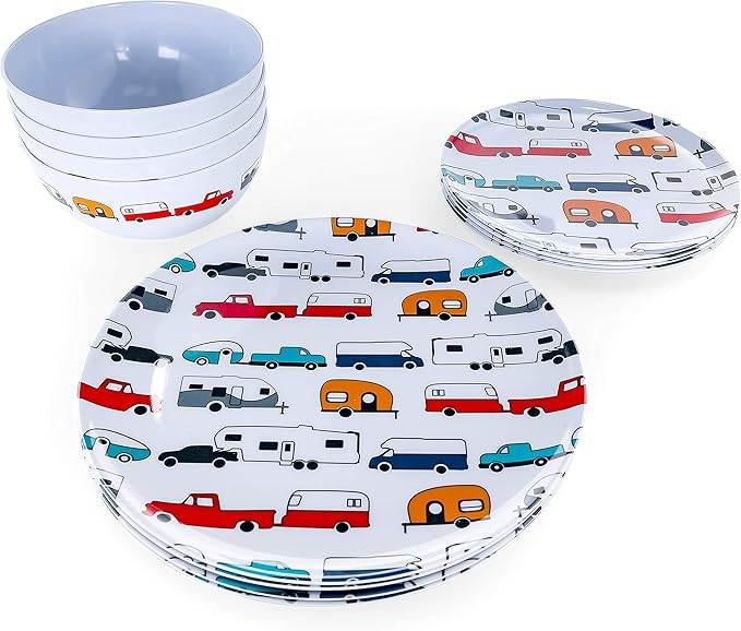Camco Life is Better at the Campsite Dishware Set | Includes (4) large dinner plates (4) small salad plates and (4) bowls | Top rack dishwasher safe | Multi-color RV and truck design (53295)